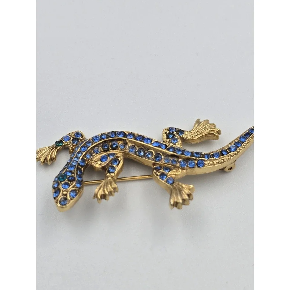 Vintage Gold Tone Blue Rhinestone Lizard Brooch Pin Animal Figural Jewelry‎